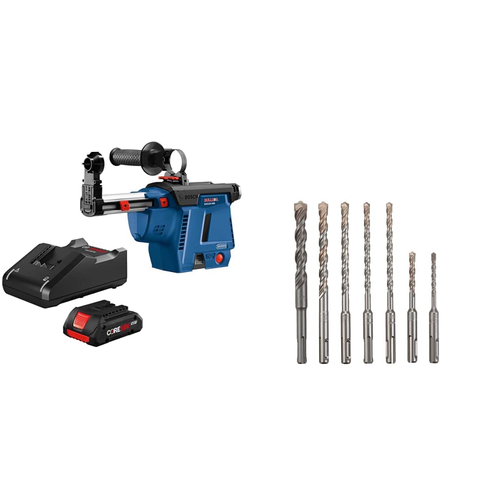 BOSCH GDE18V-26DB15 SDS-plus Bulldog Mobile Dust Extractor Kit with (1) CORE18V 4.0 Ah Compact Battery&BOSCH 7 Piece Carbide-Tipped SDS-plus Rotary Hammer Drill Bit Set with Storage Case HCK001, Gray