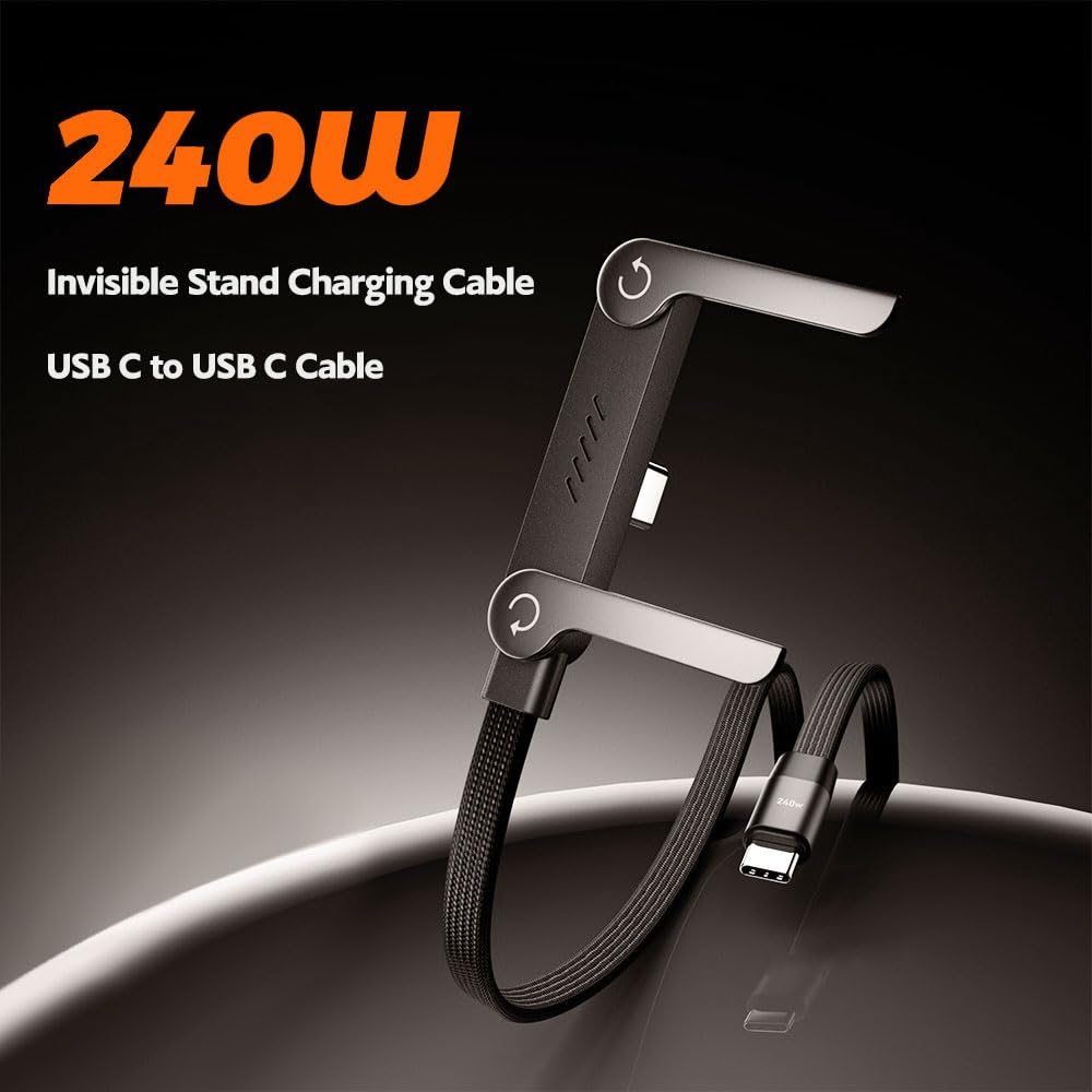 (3 Pack)240W 4.9FTBuilt-in USB C to USB C Invisible Stand Charging Cable Fast Charging Cable Phone Support Fast