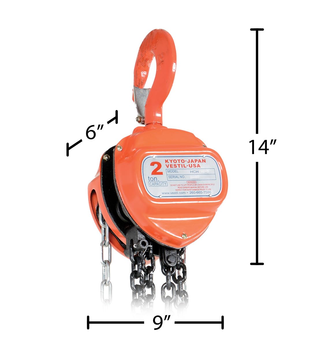 Vestil HCH-4-15 Steel Manual Chain Hoist 15 Ft. Lift 4,000 Lb. Capacity Orange