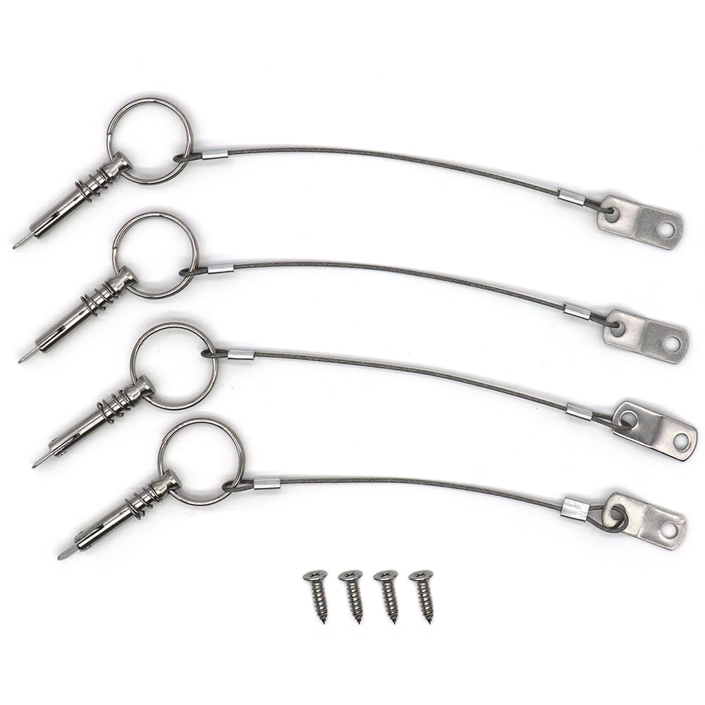 4 Pack Quick Release Pin 1/4" Diameter w/Drop Cam & Spring - Lanyard Prevents Loss, Full 316 Stainless Steel, Bimini Top Pin, Marine Hardware, Free Installation Screws