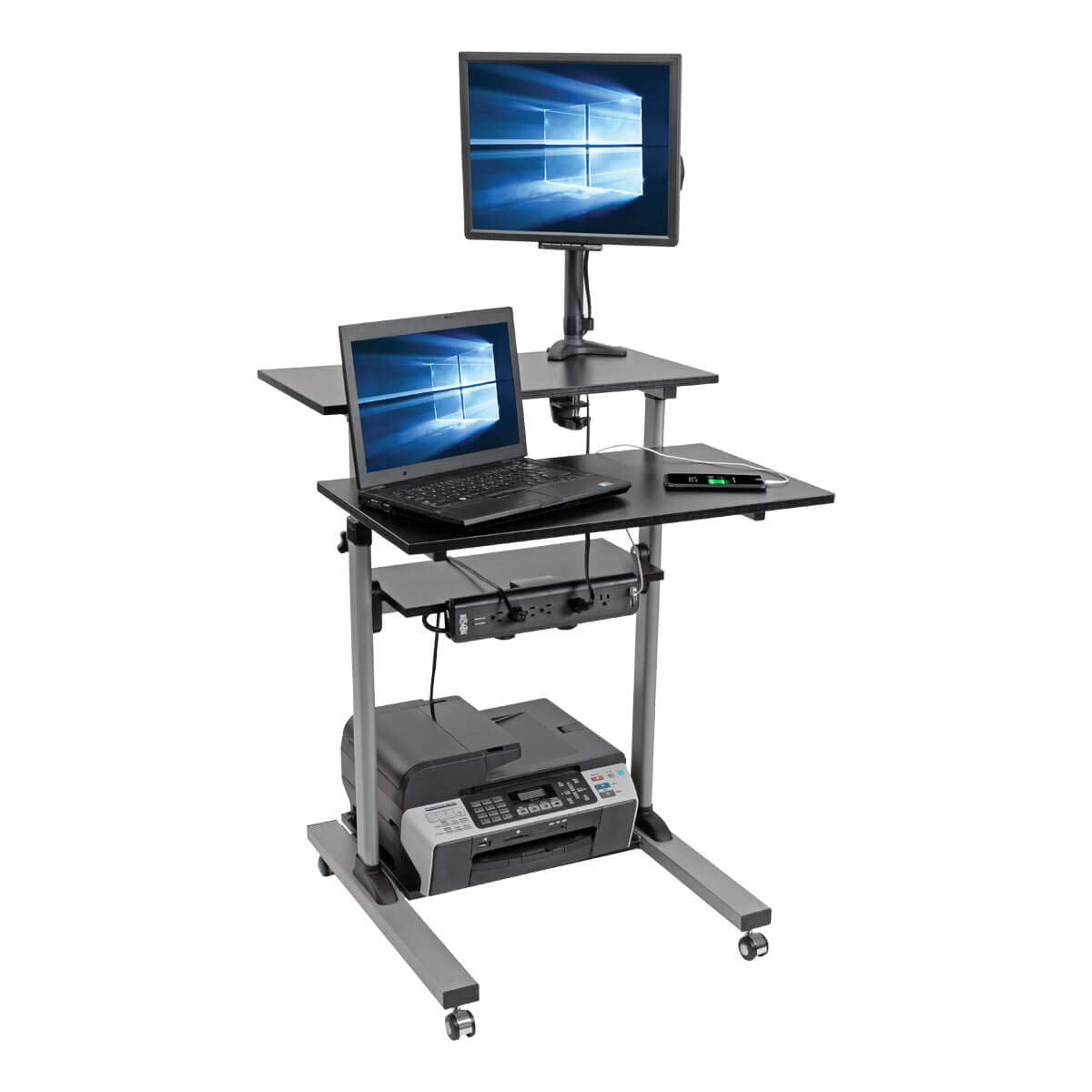 TRIPP LITE Mobile Sit Stand Desk, Height Adjustable Small Rolling Laptop Cart Workstation Workspace, 4 Shelf Storage, Home Office & School, 5-Year Warranty (WWSSRC)