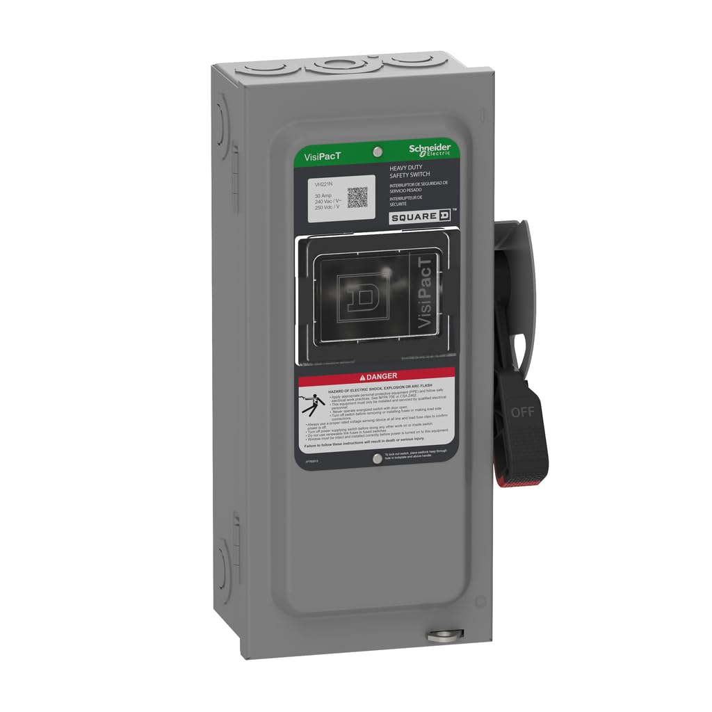 Square D by Schneider Electric VH221N VisiPact Heavy Duty Safety Switch with Viewing Window and Red (On) and Black (Off) Indicators, Fusible 2 Pole, 30A, 240VAC/250VDC, Type 1