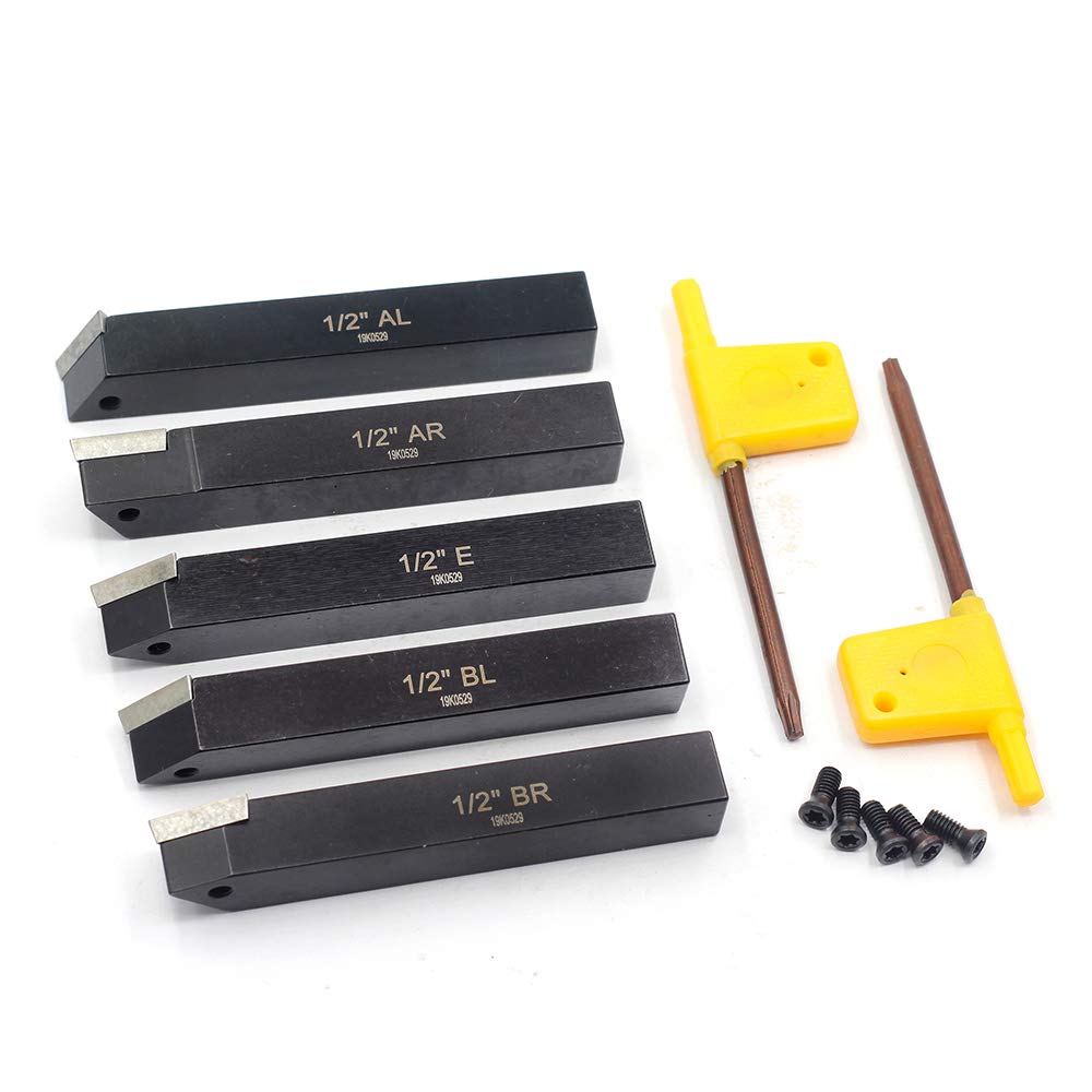 OSCARBIDE 1/2" Mini Lathe Indexable Carbide Turning Tool Holder 5 Pieces/Set,Metal Lathe Cutting Tools with Carbide Inserts TCMT16T304