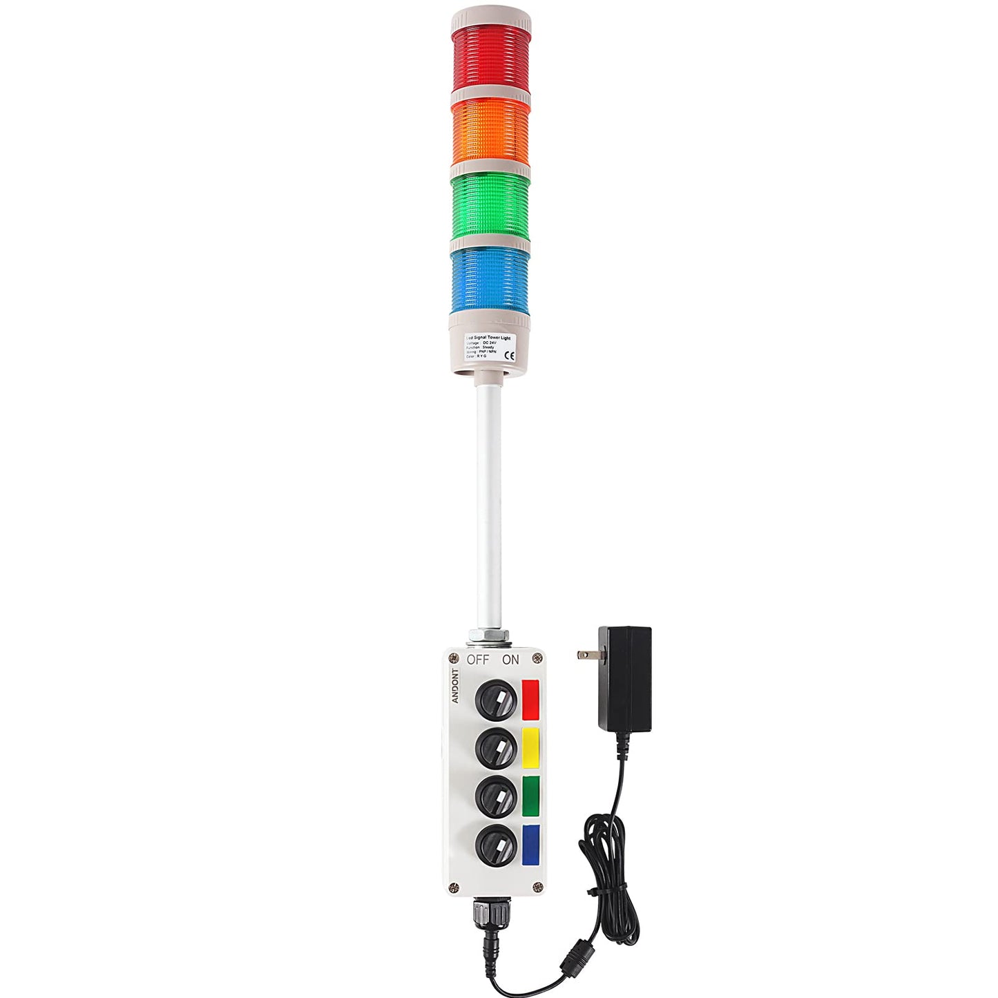 ANDONT 4-Stack LED Andon Tower Signal Light, Red/Yellow/Green/Blue, On/Off, ABB Selector Switch, Mean Well Industrial Power Adapter 6 ft, IP65 Rated, Plug-and-Play