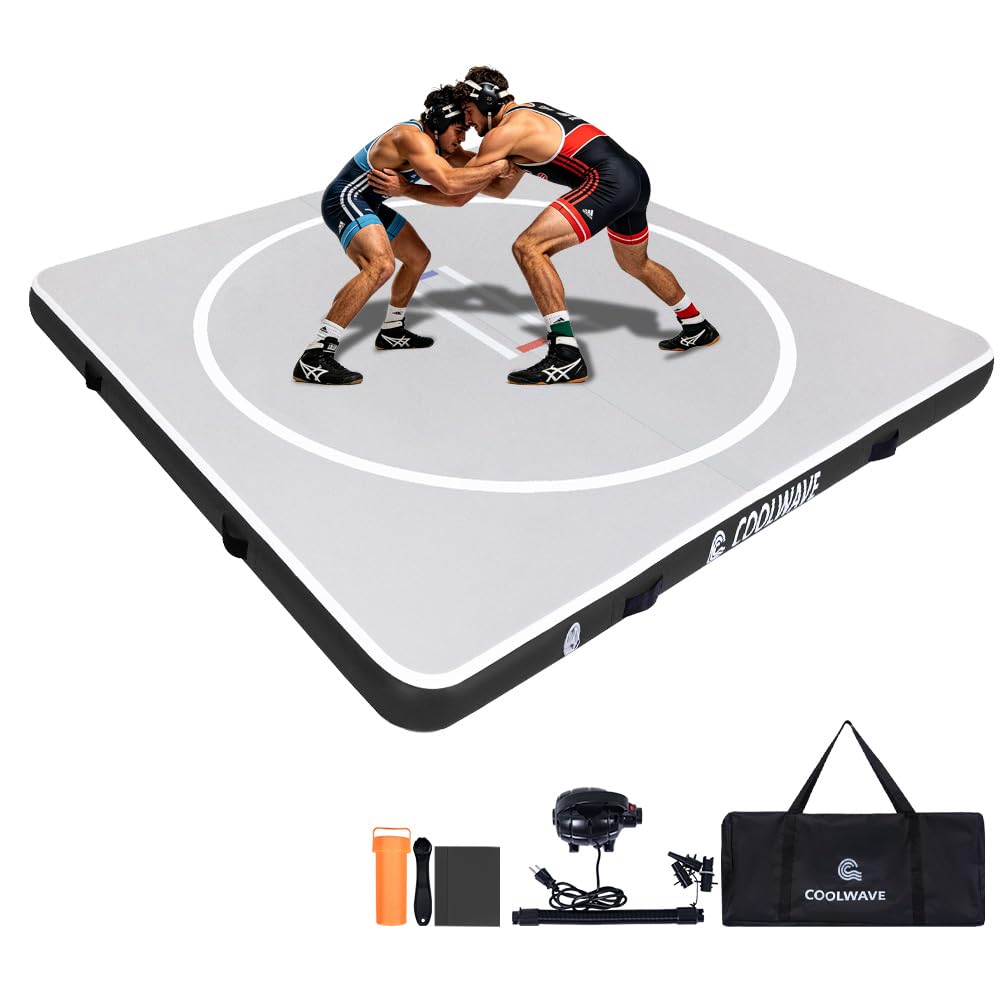 COOLWAVE Inflatable Wrestling Mat and Jiu Jitsu Mats for Home Gym or Outdoor Training, Great for BBJ, MMA, Martial Art, Grappling, Judo, Boxing, Yoga and More with Soft Landings and Good Bounce (Light Gray+Black, 10FT)