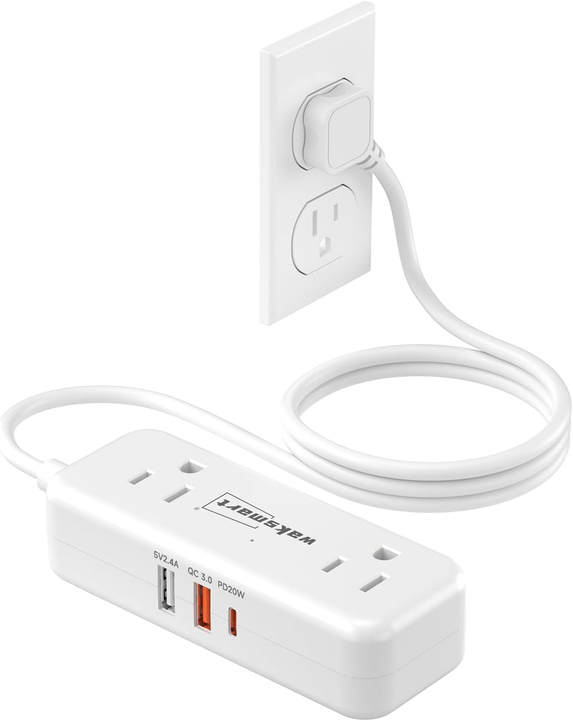 Waksmart PD20W -3 4 3 Flat Plug Power Strip Ft Flat Plug Extension Cord with AC Outlets Quick Charging USB Ports, Flat