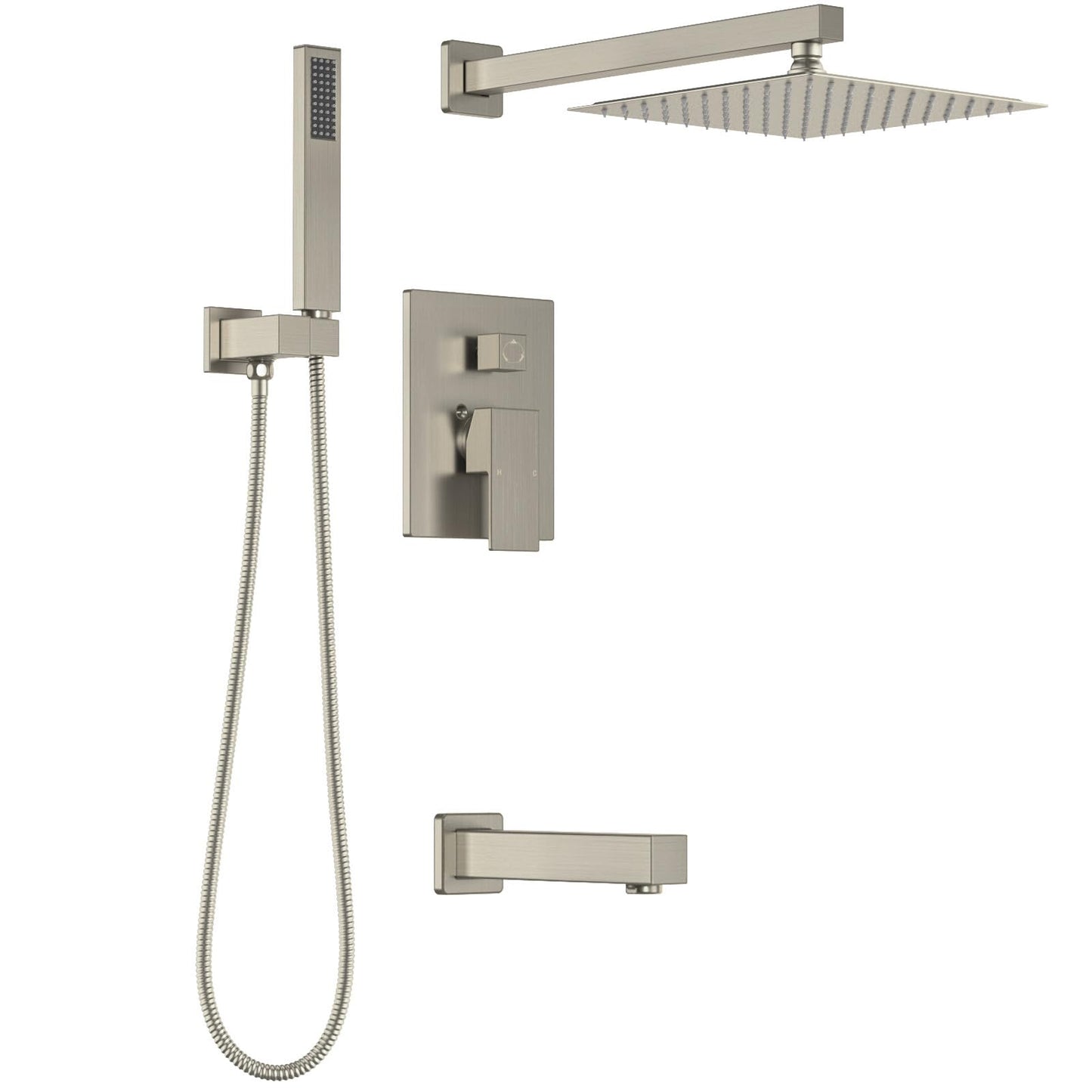 Lava Odoro Modern 3-Setting Square Shower and Tub Faucet Set with Shower Head and Handheld Sprayer Brushed Nickel, Rainfall Shower System with Tub Spout, Shower Valve Trim Kit, SF103-BN-T