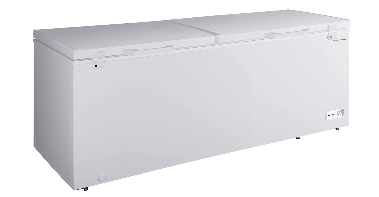 Hamilton Beach HBFRF2129 21 cu ft Double Door LID Garage-Ready Chest Freezer-White, Vinyl-Coated Baskets, Space-Saving Flat Back, Stay-Open, Front-Access Drain, for Storage, Hunting, Large Family