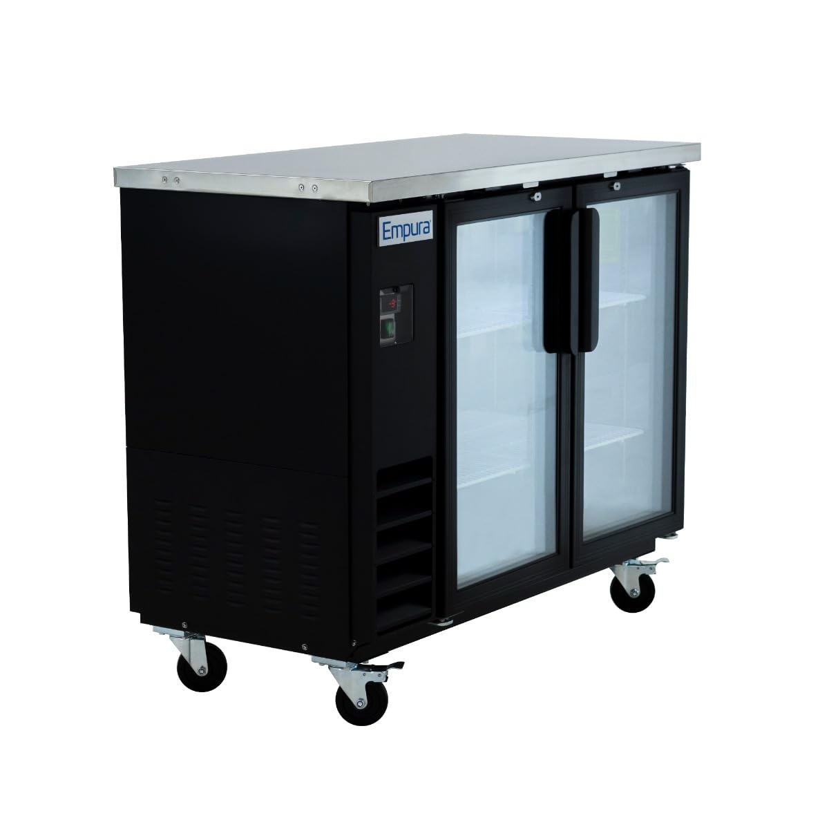 Empura 49" Back Bar Cooler Cabinet with 2 Swing Glass Doors | Commercial Refrigerator Fridge Beer Soda | 216 12-oz Bottle Capacity, 49.1”W x 24.4”D x 41.7”H, Stainless Steel Countertop, Black, 115v