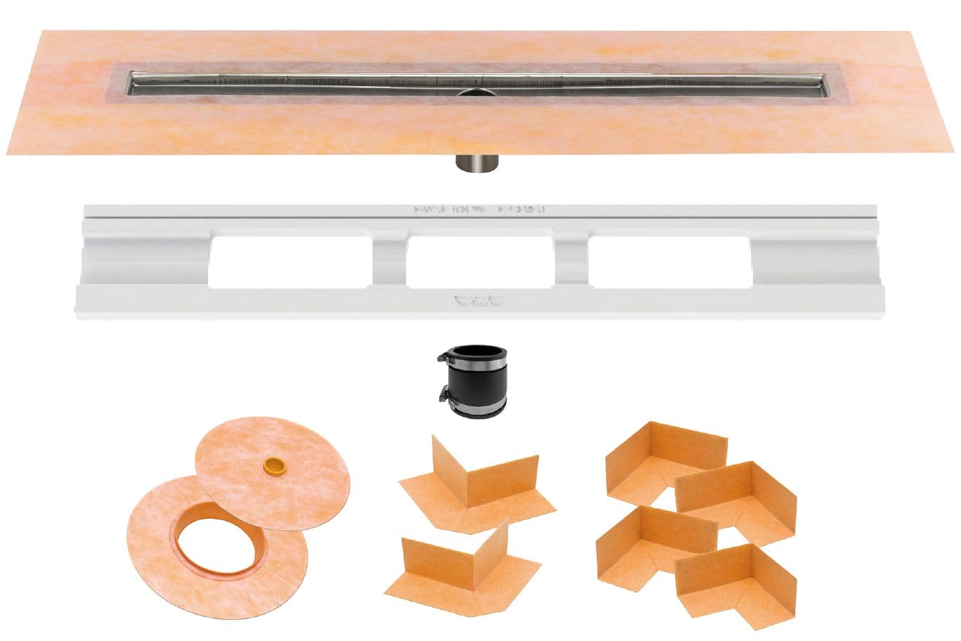 Schluter Kerdi Line Shower Drain with 52" Stainless Steel Channel Body and Waterproof Kerdi Collar - For Showers & Wet Rooms - Off-set and Center Outlets - KL1V60E130