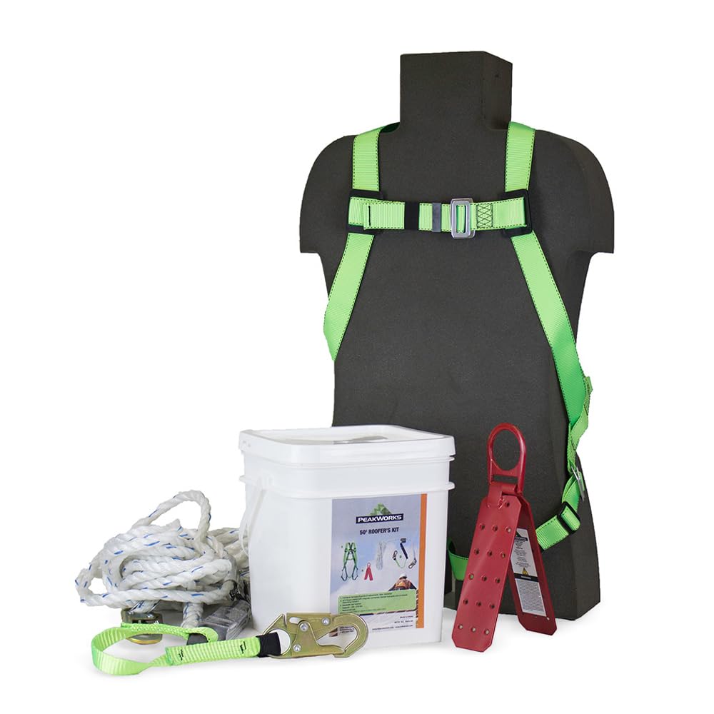 Peakworks OSHA Compliant, Fall Protection Roofer's Kit, Safety Harness (Universal Fit), Rope Grab, 25' Vertical Lifeline, and Reusable Roof Bracket, White/Green, V8257272
