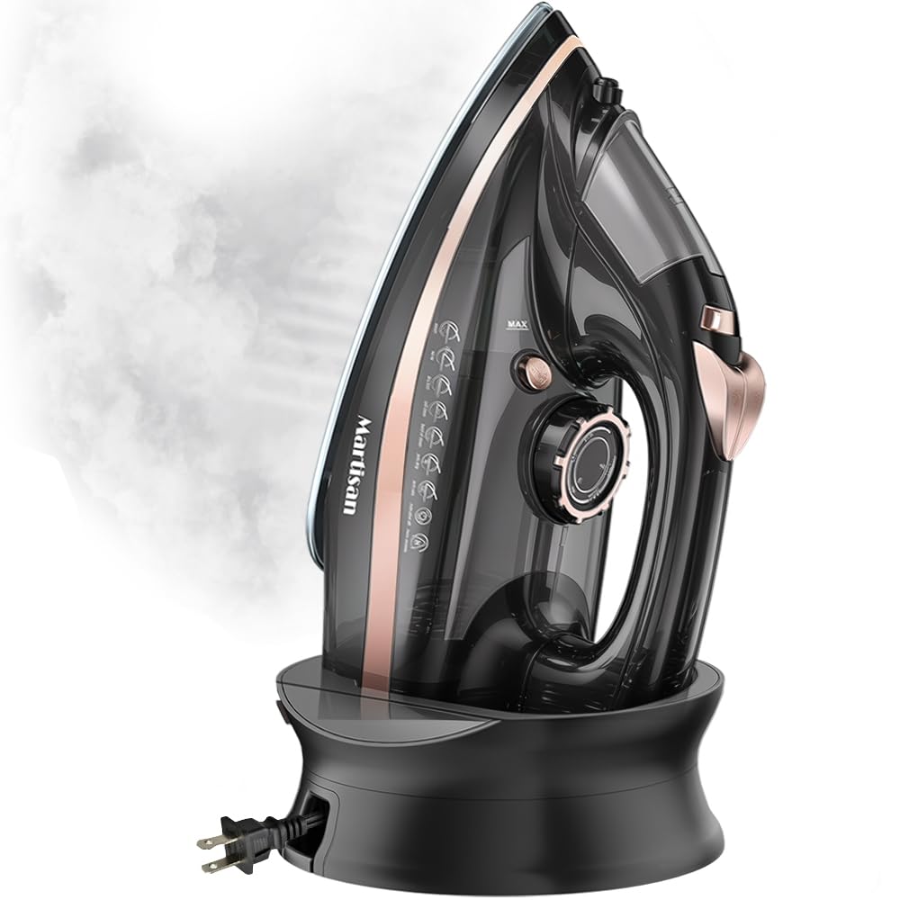 Martisan Cordless Iron for Clothes, 1600W, Wireless, Rapid Heating, Retractable Cord, Power Charging Base, Ceramic Soleplate, Auto-off, Anti-calc, Anti-drip, Self Clean