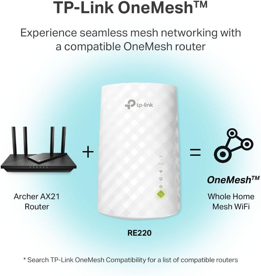 TP-Link 5GHz/2.4GHz, 44% 1200 30 OneMesh(RE220) WiFi Extender with Ethernet Port, Dual Band Up to More Bandwidth Than