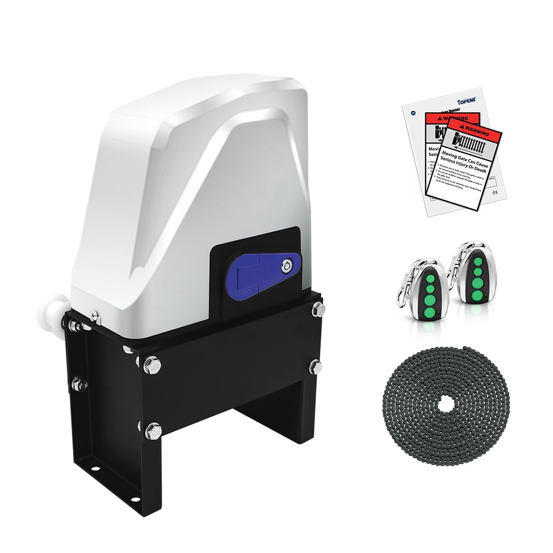 TOPENS CK1100 Automatic Sliding Gate Opener Chain Drive Electric Gate Motor for Heavy Driveway Slide Gate Up to 2800 Pounds, Security Gate Operator AC Powered with 20ft Roller Chain and Remote Control