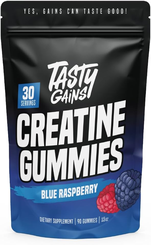 Creatine Gummies - 90g of Creatine Monohydrate - Workout Supplements - Build Muscle & Boost Strength for Men & Women - Made in USA - Non GMO - Vegan Friendly (Large, Blue Raspberry)