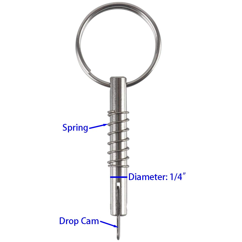 2 Pcs Quick Release Pin w/Drop Cam & Spring, Diameter 1/4"(6.3mm), Usable Length 1.3"(33mm), Overall Length 2"(51mm), Full 316 Stainless Steel, Bimini Top Pin, Marine Hardware
