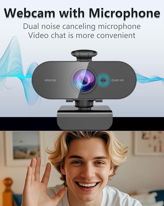 QMKKX 2K Webcam for pc with Microphone,Privacy Cover Slider Streaming Web cam for Mac Laptop,USB External Computer