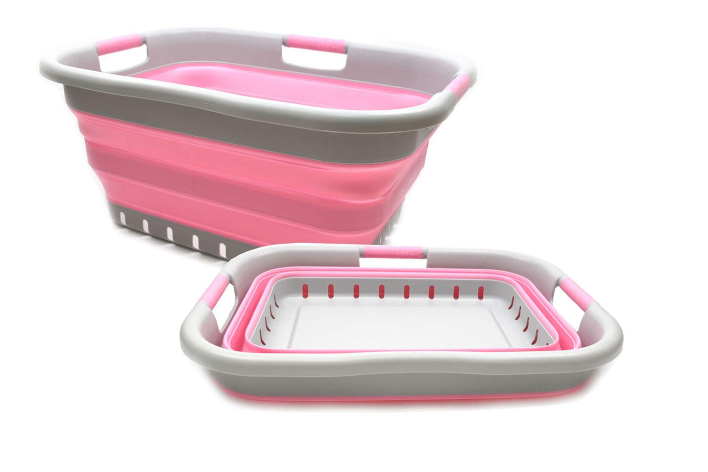 SAMMART 41L (10.8 gallon) Set of 2 Collapsible 3 Handled Plastic Laundry Basket-Foldable Pop Up Storage Container/Organizer-Space Saving Hamper/Basket (2, Grey/Pink)