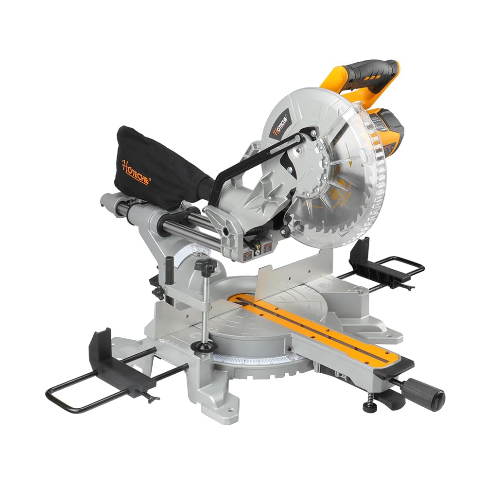 Hoteche 10-Inch Miter Saw 15A Sliding Compound Single Bevel Chop Saw with Laser Guide and TCT Saw Blade for Wood and Metal Working