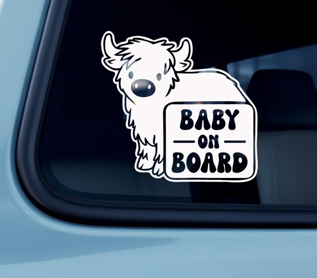 Sabazee Highland Cow Baby On Board Car Window Decal - Cute Calf Safety Sign Vinyl Sticker - Family Travel Awareness