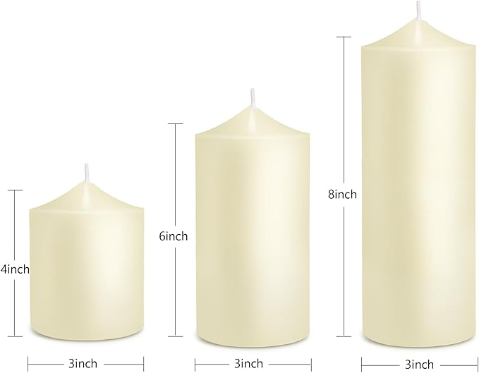 Pillar Candles 3 x 4, 6, and 8 inches, Large Handmade Candles Set of 3, Ivory Decorative Candles for Wedding, Home Decoration, Dinner, Church