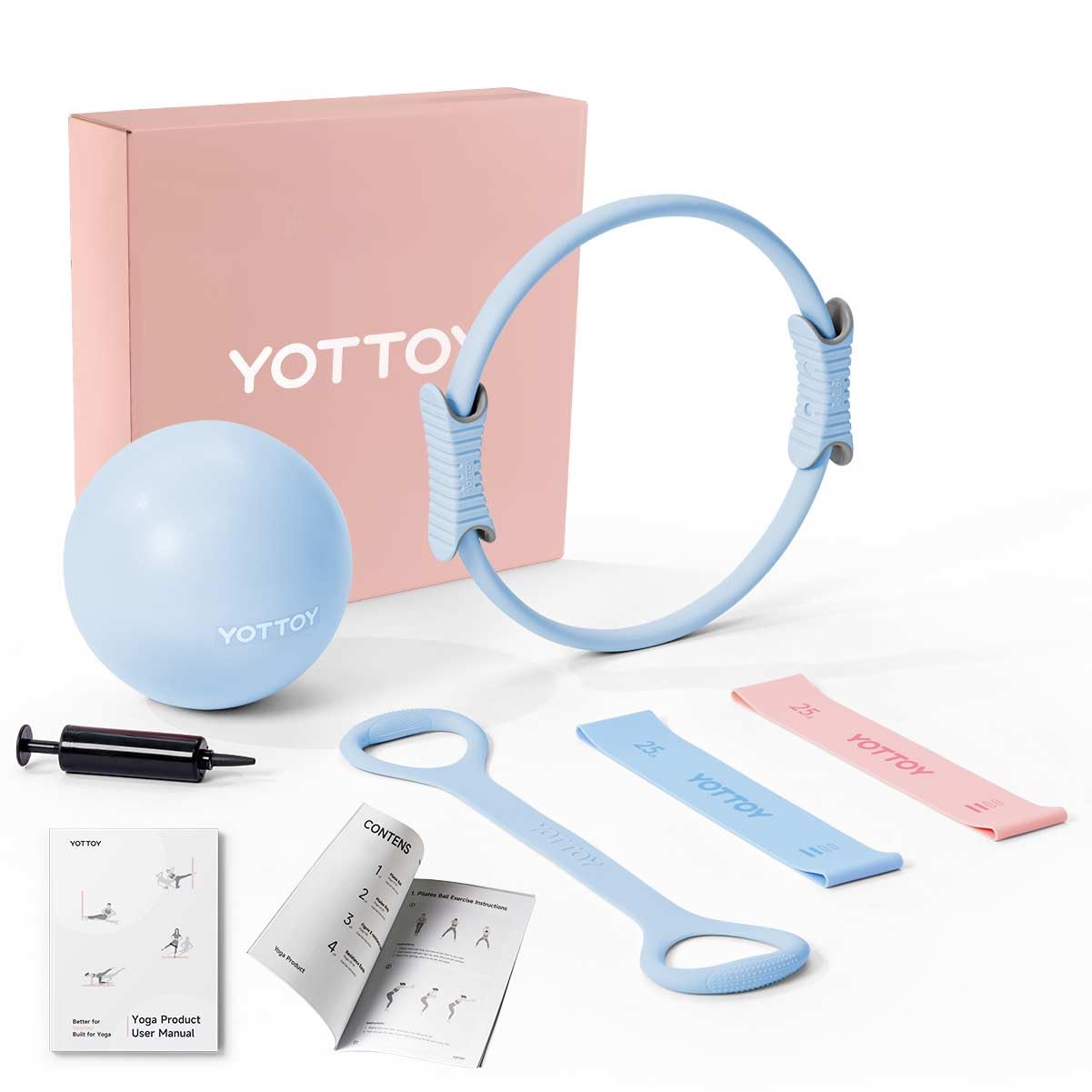 YOTTOY 13.5 Inch Pilates Ring and Ball Set, Figure 8 Resistance Bands, Stretch Bands&Guide,Pilates Equipment Set for Beginners for Home Workouts Core Strength, Yoga, Physical Therapy & Rehab, Blue