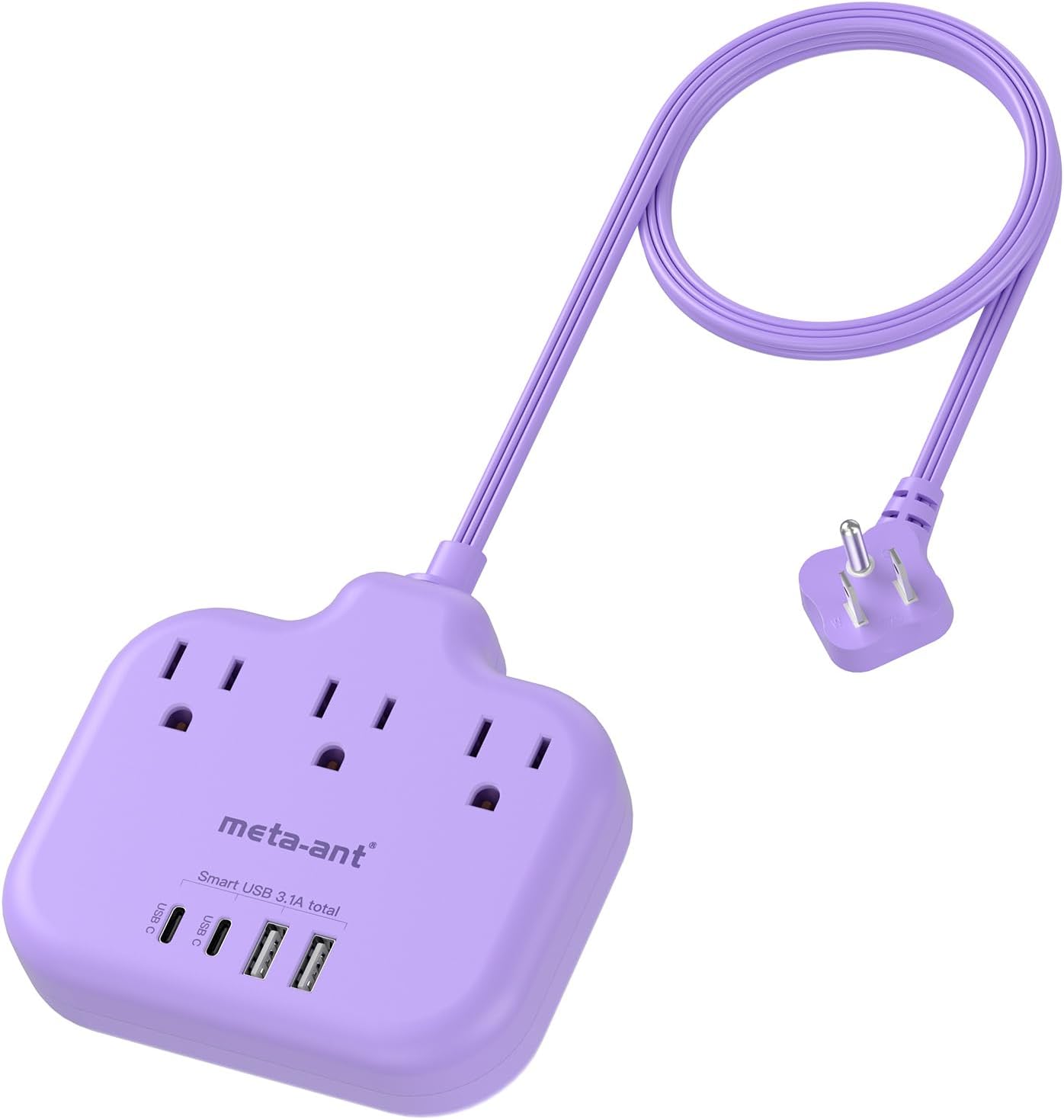 meta-ant 3 4 USB(2 1625W Purple Extension Cord with AC Outlets and USB-C) Ports, Purple Travel Power Strip, Cute Kawaii