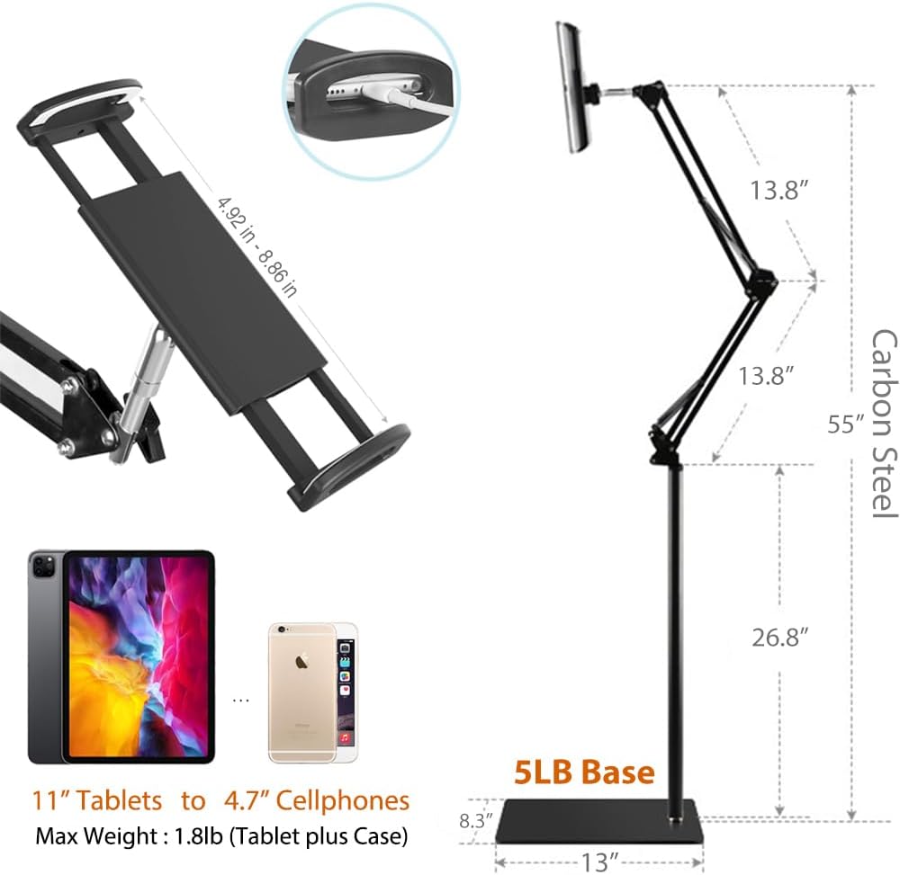 Elekpopu 5LB Tablet Floor Stand with Metal Base, Overhead Bed Phone Stand Angle Height Adjustable Holder, Universal