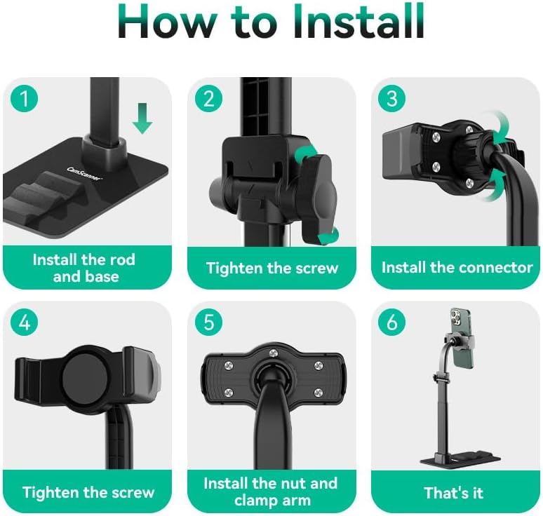 CamScanner 360 Phone(1 Pack) Adjustable Phone Stand, Rotatable Clip-On Holder,Desk Mount with Non-Slip Base