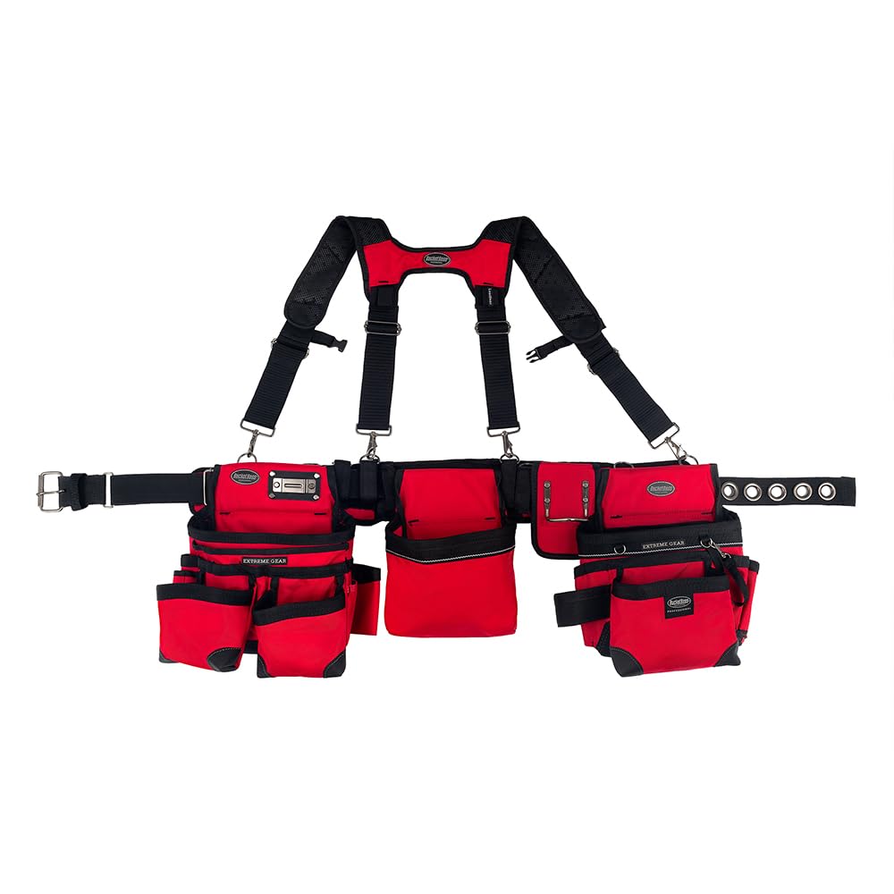 Bucket Boss 3 Tool Bag Tool Belt with Suspenders in Red, 55185-RD