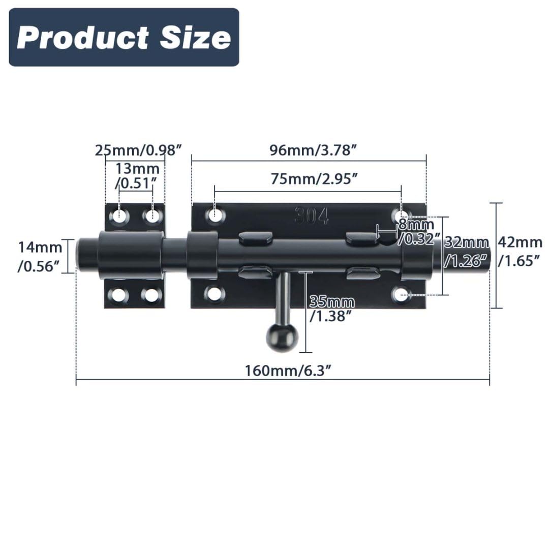 Alise Slide Lock SUS304 Stainless Steel Gate Latch, Slide Bolt Latch,Thickened Heavy Door Latch Lock,6 Inch Black Barrel Bolt Latch, Security Slide Latch Lock