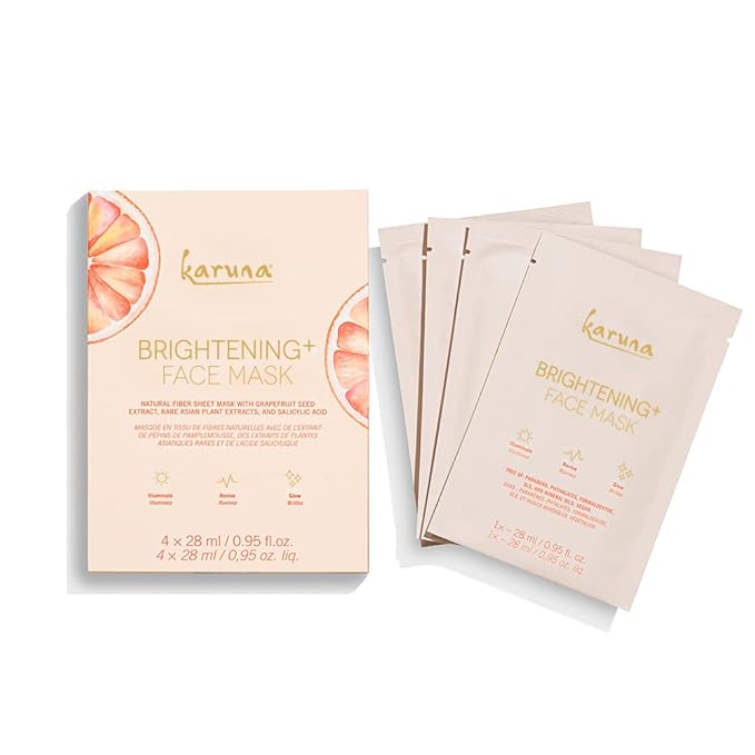 Karuna Brightening+ Sheet Masks for Radiant Skin, Hydrating Face Mask Skin Care Essential, Face Mask with Grapefruit Seed & Rare Asian Plant Extracts Plus Salicylic Acid, 4 Sheets per Pack