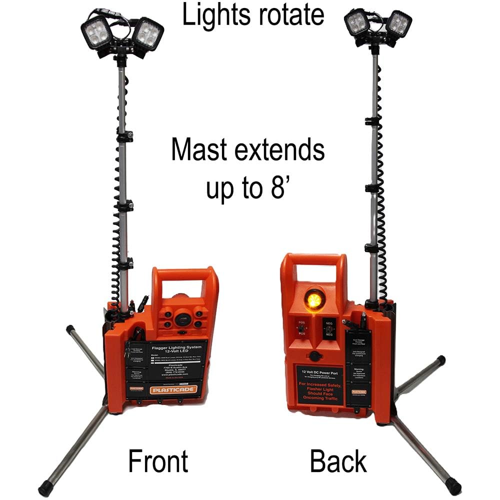 Plasticade Flagger Lighting Station & Work Area Light, 4,000 Lumens, Portable, Waterproof Case, Adjustable Heads, 8-Foot Light Elevation, Temporary Construction in Any Weather