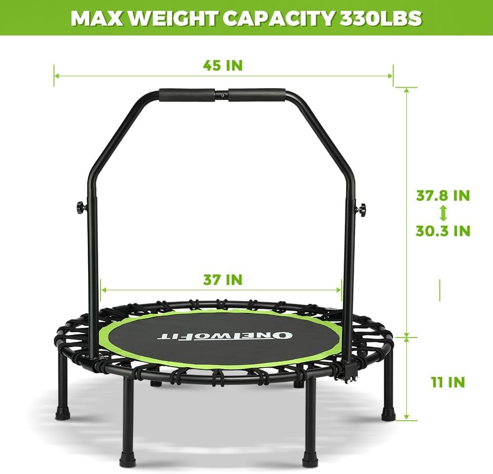 ONETWOFIT Foldable Rebounder Trampoline for Adults, 40/42/45” Mini Fitness Trampoline W/Adjustable Foam Handle Bungees, Quiet Exercise Trampoline for Personal Indoor Workout (45IN-with Handle)