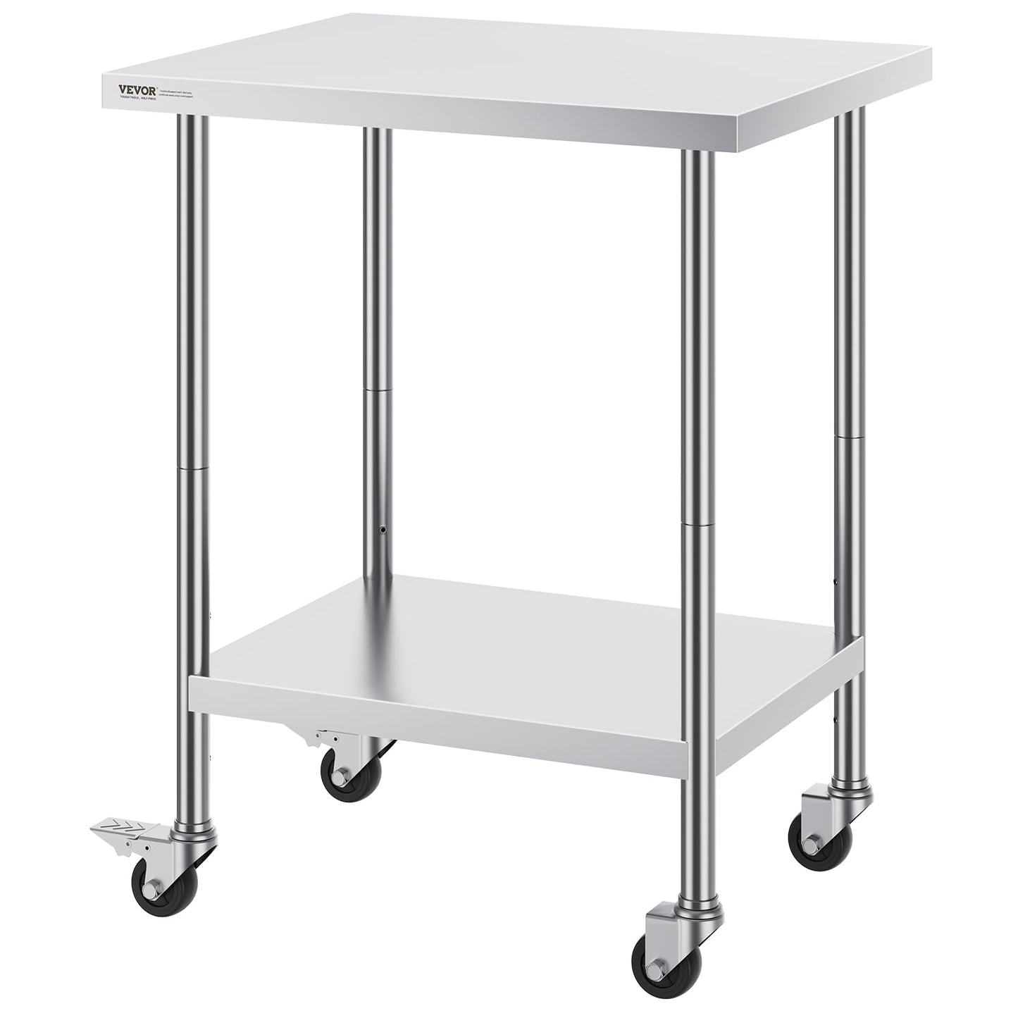 VEVOR Stainless Steel Work Table 24 x 30 x 38 Inch, with 4 Wheels, 3 Adjustable Height Levels, Heavy Duty Food Prep Worktable for Commercial Kitchen Restaurant, Silver