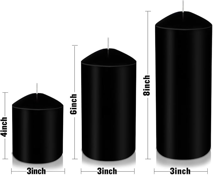Pillar Candles 3 x 4, 6, and 8 inches, Large Handmade Candles Set of 3, Black Decorative Candles for Wedding, Home Decoration, Dinner, Church