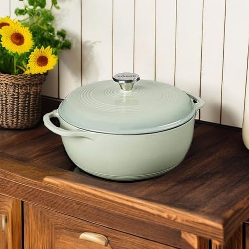Lodge Essential Enamel Cast Iron Dutch Oven - 6 Quart Moisture-Sealing Lid & Dual Handles - Desert Sage
