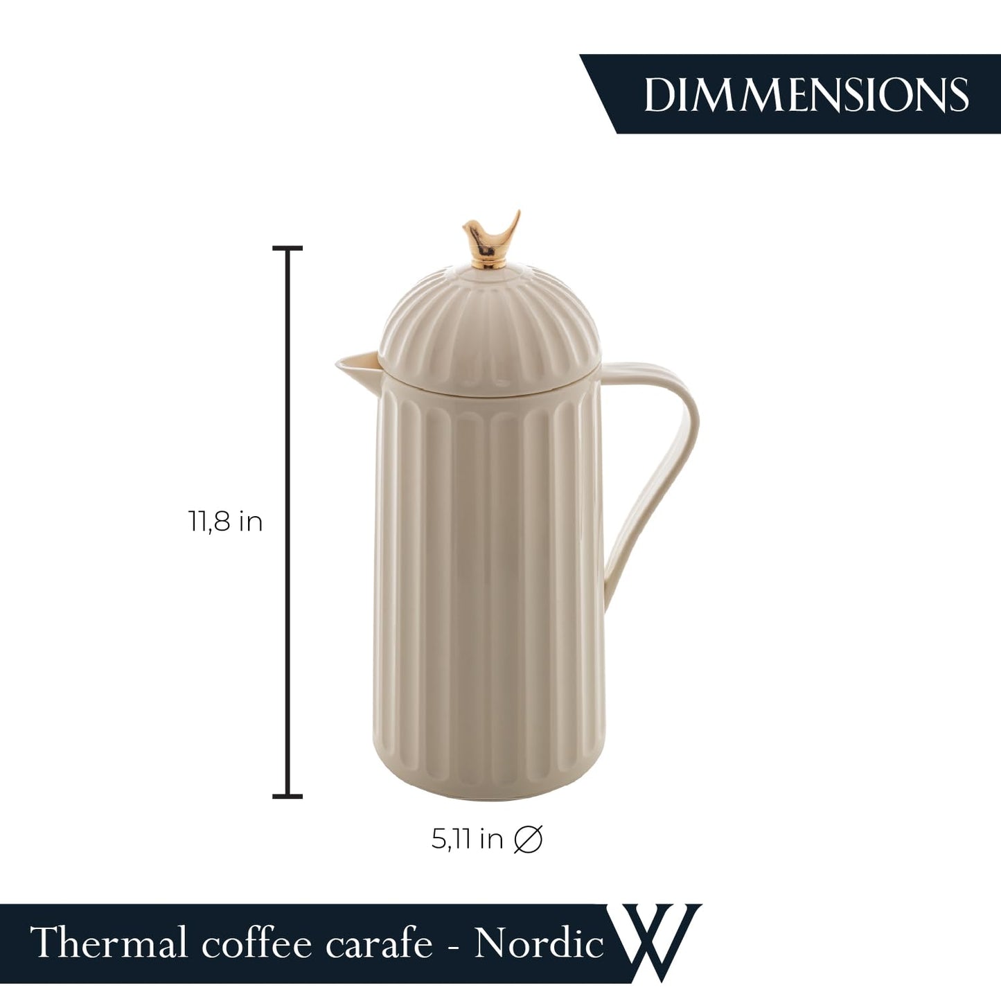 WOLFF 1 Liter White Bird Thermal Coffee Carafe, Plastic Exterior with Glass Lining Insulated Beverage Dispenser for Hot and Cold Drinks, Thermos Bottle for Tea, Water Pitcher - White, 34floz/1L