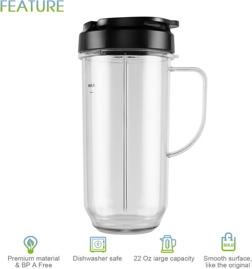 Magic Bullet Blender Cups - 5-Piece Set with 22oz Tall Cup, Flip-Top Lid & Cross Blade