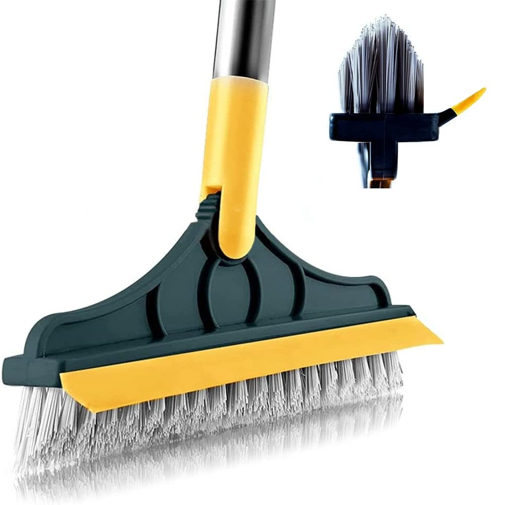 2 in 1 Cleaning Scrub Brush Grout Brush Scrape Floor Scrub Brush with Long Handle V-Shape Stiff Bristle Brush Scrubber with Squeegee 120°Rotating Shower Scruber for Cleaning Bathroom Glass Wall