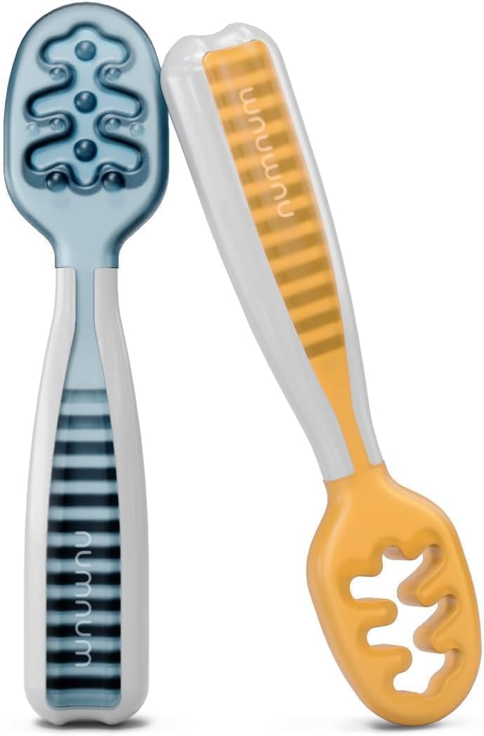 NumNum Baby Spoons Set - GOOtensils for Self-Feeding | BPA-Free Silicone Utensils for 6+ Months, 2 Pack Blue/Orange