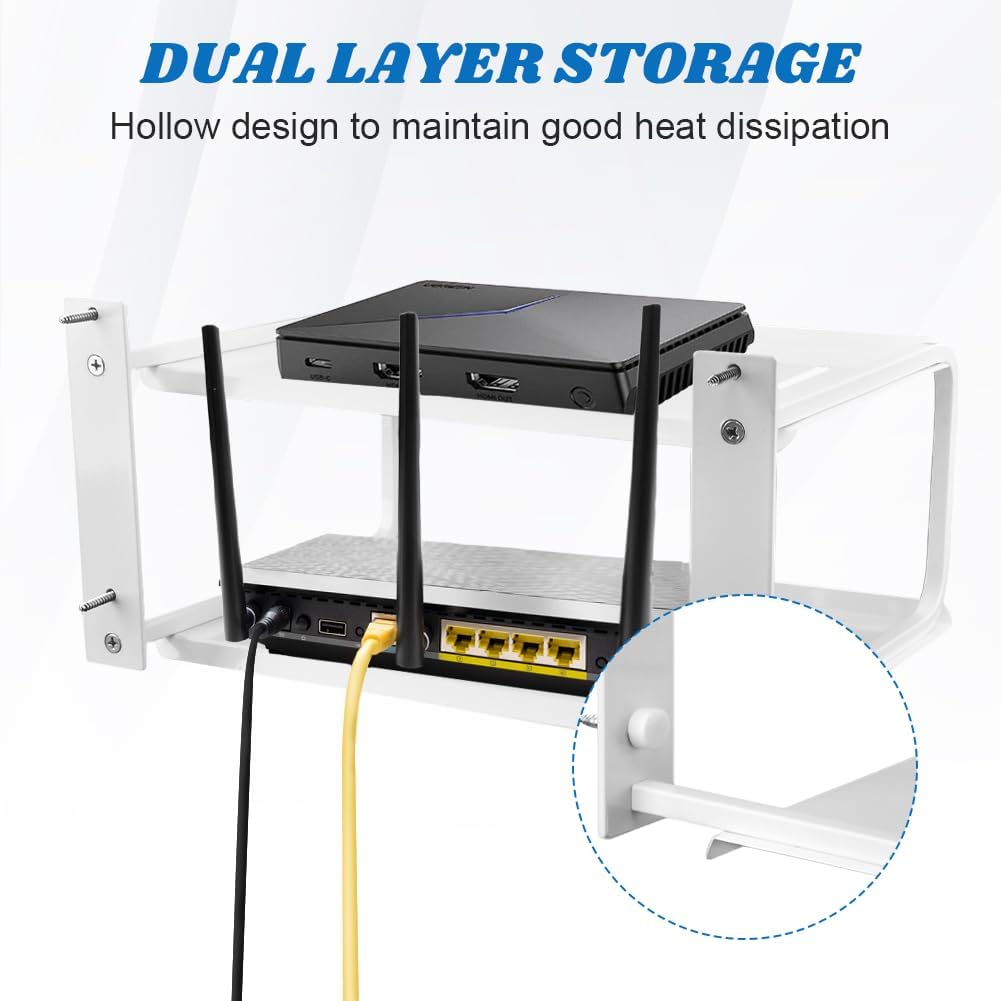 Tookie 2 Layers Projector Shelf, Wall Mount Double Floating Shelf Under TV Entertainment for Projector Router Camera