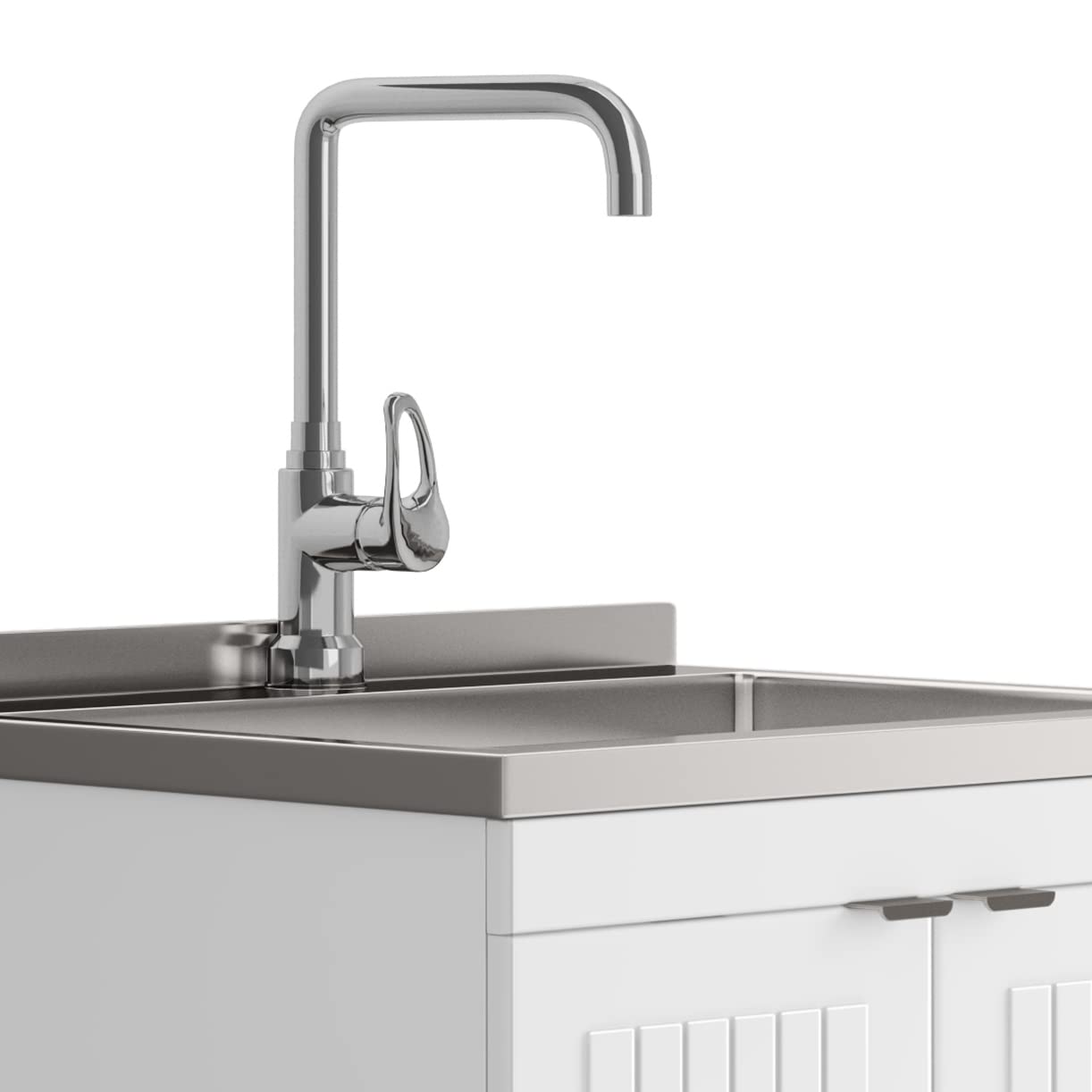 SIMPLIHOME Murphy All-in-One 24 inch Wide Utility Sink and Laundry Cabinet in Pure White Finish, Transitional Stainless Steel Sink Cabinet for Laundry Rooms with High-Arch Chrome Faucet and Storage