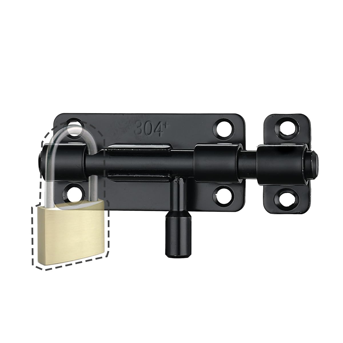 JQK Door Security Slide Latch Lock Barrel Bolt, 304 Stainless Steel Sliding Gate Latches Thickened 1.4mm with Padlock Hole, Black, 4 Pack HBB120-BK-P4
