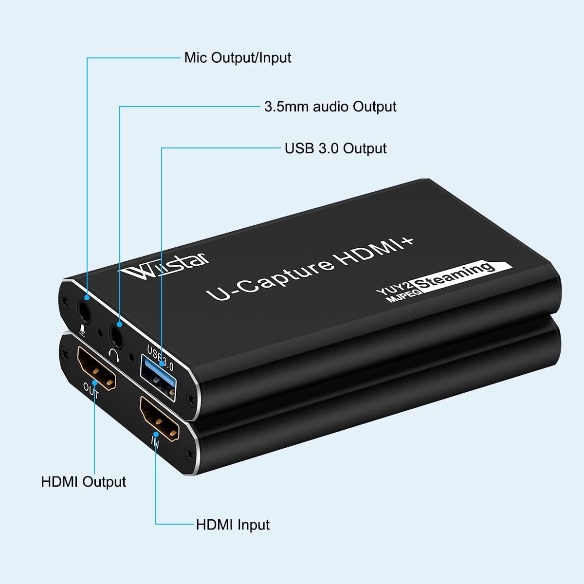 HDSUNWSTD 4K 1080P 3.0 Audio Video Capture Card, Recording Card with Microphone HDMI Loop-OutHDMI to USB for Gaming