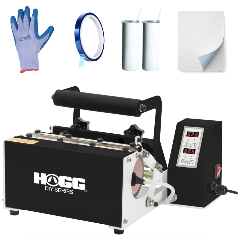 Hogg DIY Series Quick N' Easy Tumbler Heat Press Machine Bundle for Most Straight Sublimation Tumblers, Mugs, Bottles w/Bonus 20oz Sublimatable Skinny Tumbler, Sublimatable Paper, Gloves, & Heat Tape