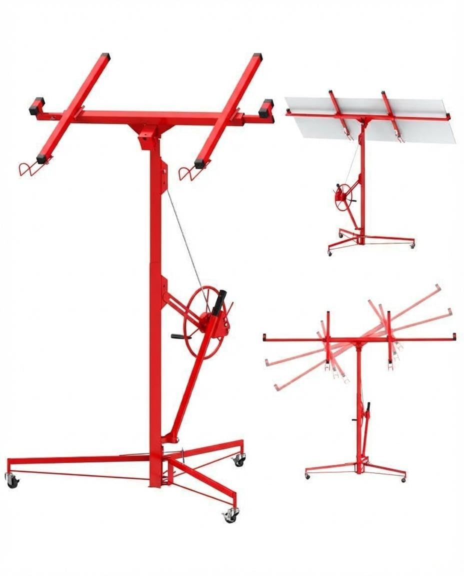 Drywall Lift 16 ft, Heavy-Duty 150 Lbs Drywall Rolling Lifter Panel, Sheetrock Hoist Lift Drywall Jack Lift for Ceiling, Drywall Panel Hoist with 360°Adjustable Telescopic Arm &3 Lockable Wheels, Red