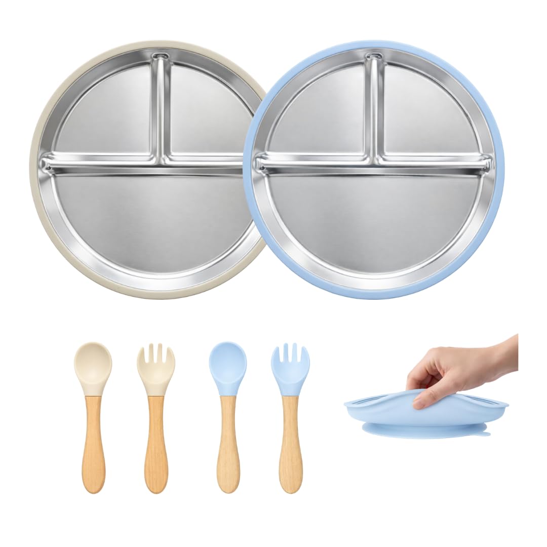 6-Piece Stainless Steel Divided Plates with Suction – Durable Toddler Dinnerware Set with Forks & Spoons – Mess-Free & Dishwasher Friendly