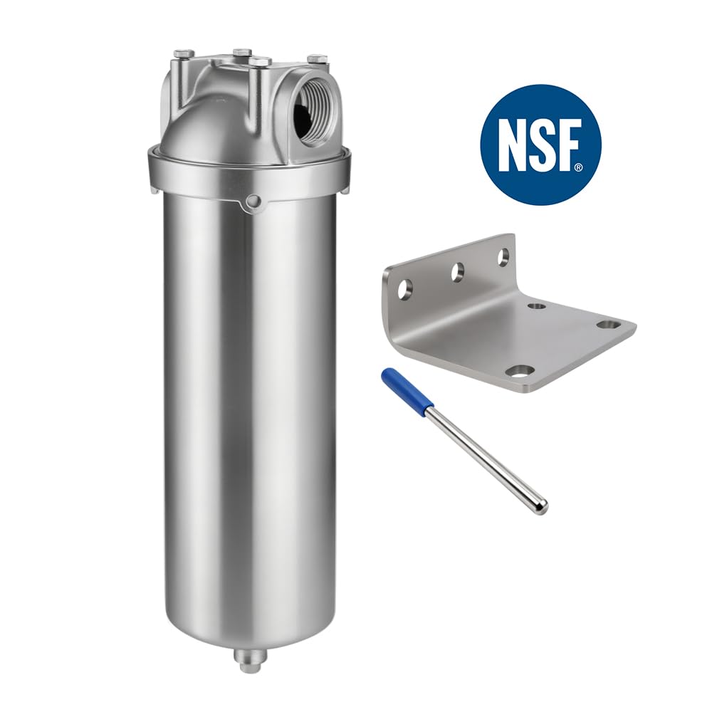 Amwater NSF/ANSI 42 Stainless Steel Whole House Water Filter Housing, 10" x 2.5" Sediment Water Filter System for Heavy Duty, Well & City Water, 3/4" NPT Port, Drain Valve Style C(Square Head)