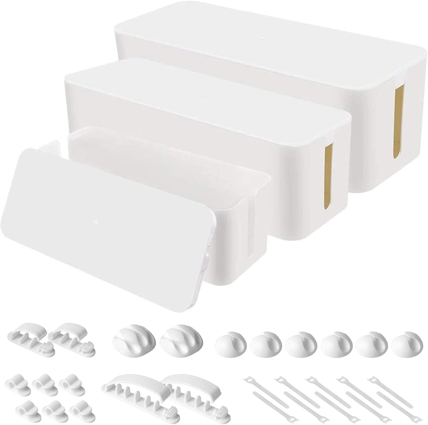 Naeety Set Cable Organizer Box of Three, Power Cover Cord Holder Surge Protector for Desk (White)